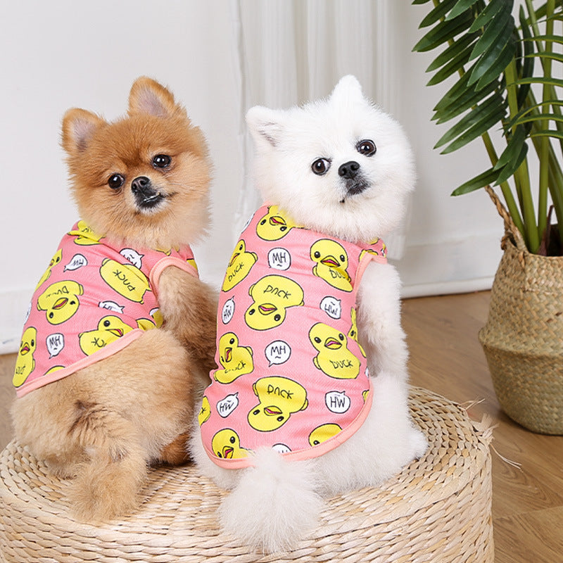 Chiens en vêtements personnalisés en coton, modèles avec motifs amusants de canard, ambiance décontractée.