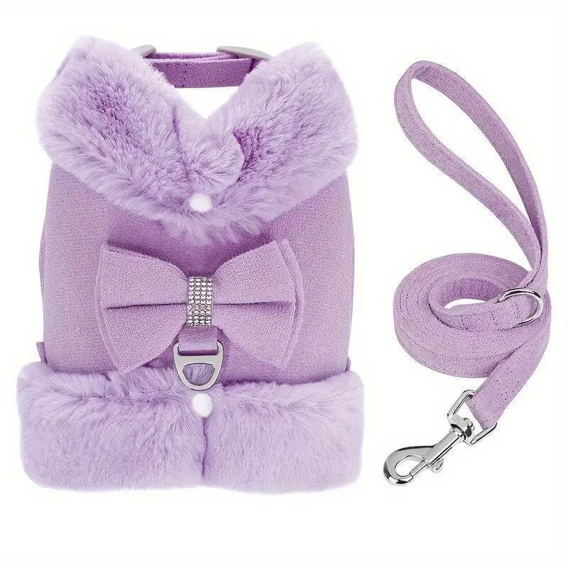 Harnais et laisse chouette pour chien en violet avec nœud papillon et rembourrage doux.