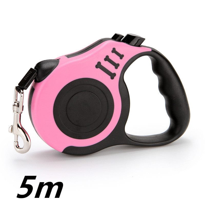Laisse télescopique automatique pour chien de 5 mètres, design rose et noir, système de freinage à une main.