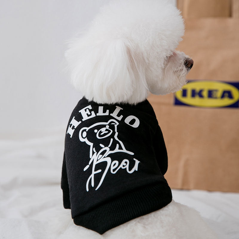 Pull noir imprimé ours pour chien, style tendance, en tissu éponge doux, parfait pour animaux de compagnie.