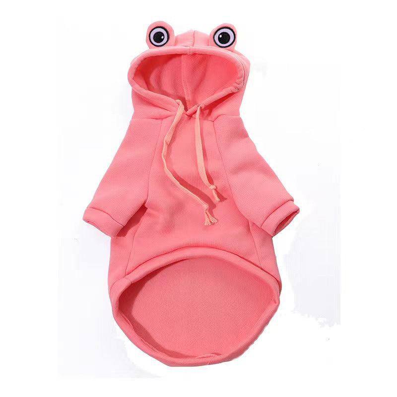 Sweater fleece pour chien rose avec capuche et yeux de grenouille, idéal pour le confort et le style des petits animaux.