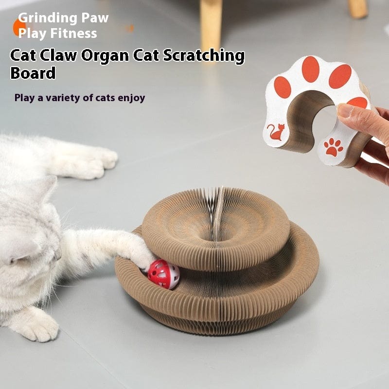 Panneau à gratter en papier corrugé pour chat avec jouet interactif en forme de patte, conçu pour le jeu et le grattage.