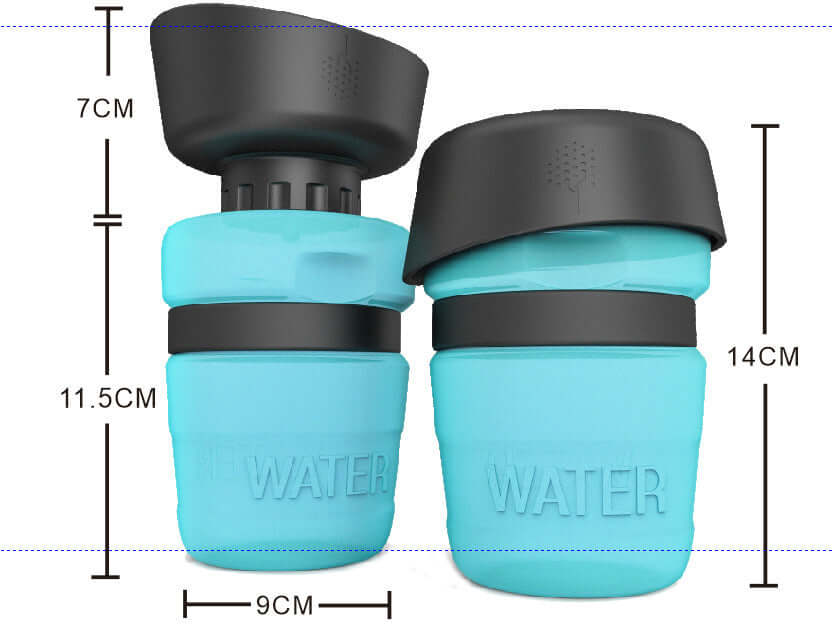 Bouteille d'eau pétillante pour animaux, en silicone turquoise, dimensions 14cm x 9cm, idéale pour hydrater les animaux actifs.