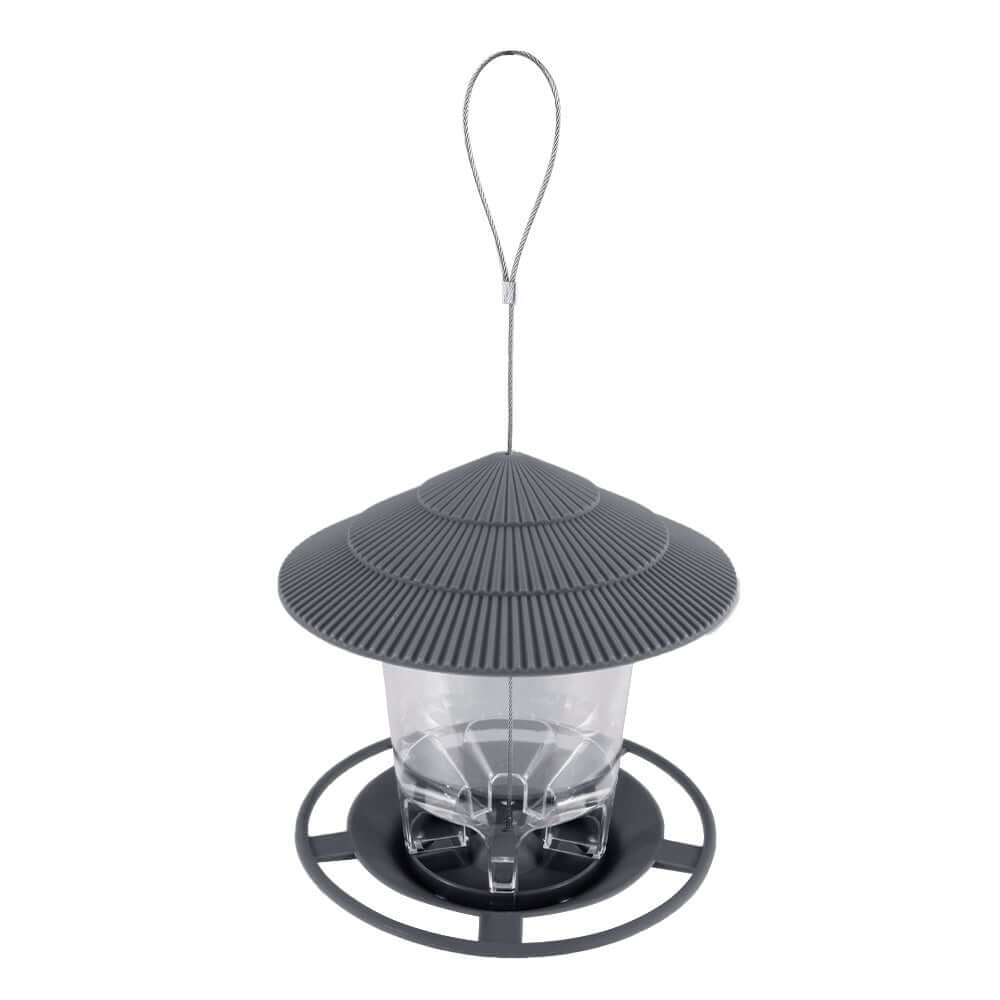 Suspended metal bird feeder in gray, perfect for adding beauty to your garden while attracting birds.
