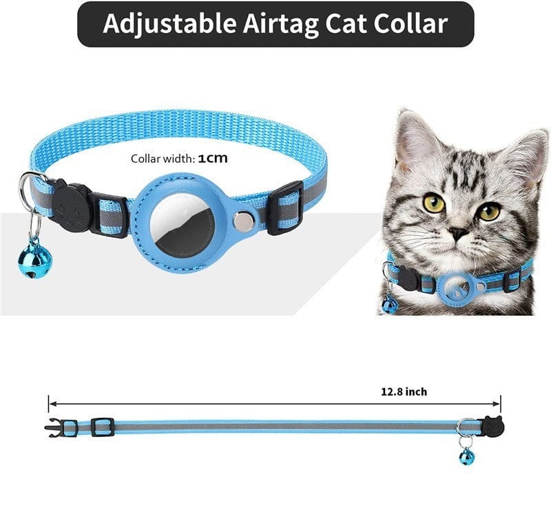 Adjustable blue Airtag collar for cats with a bell, measuring 12.8 inches in length.