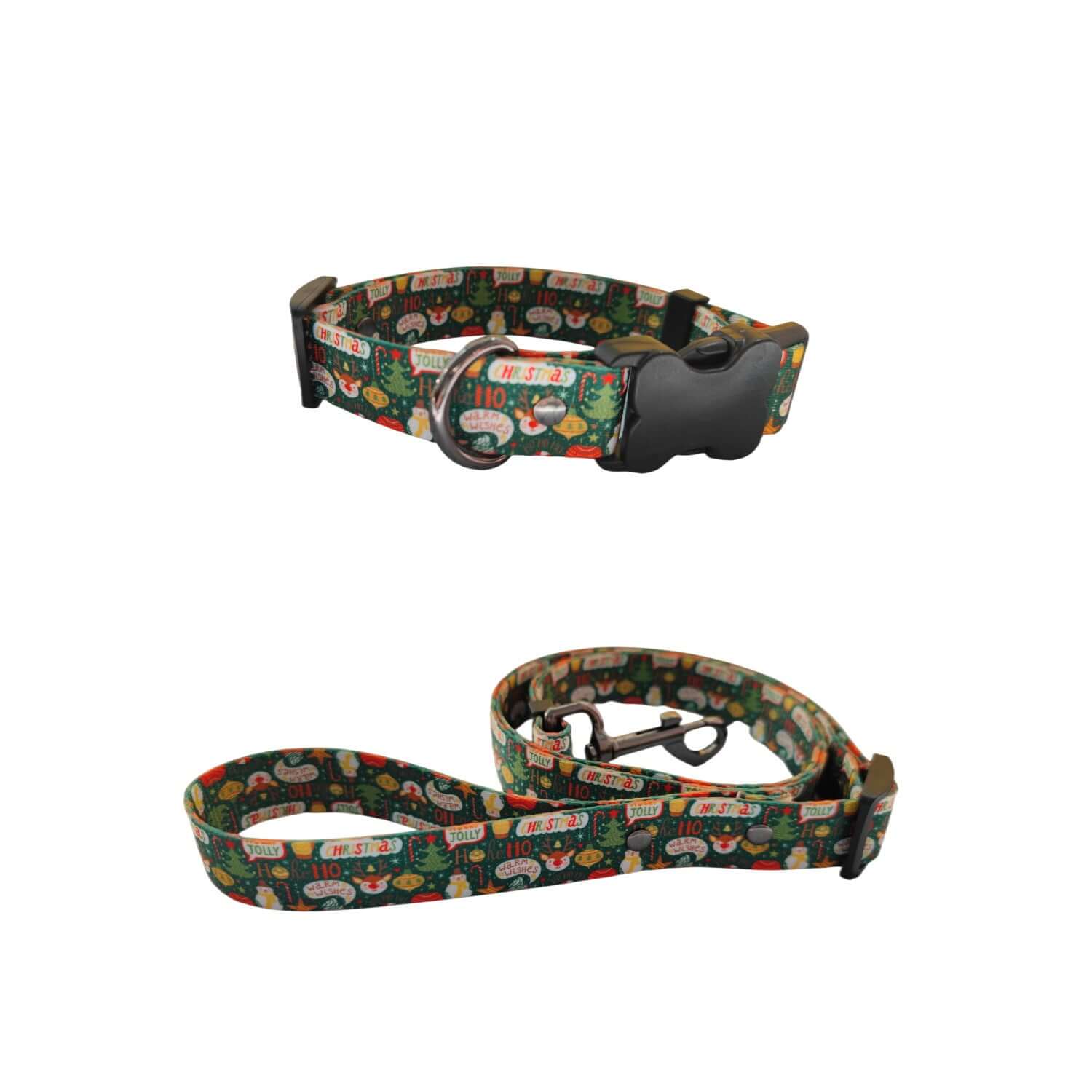 Harnais et laisse de Noël pour chien en polyester coloré, parfaits pour les promenades festives.