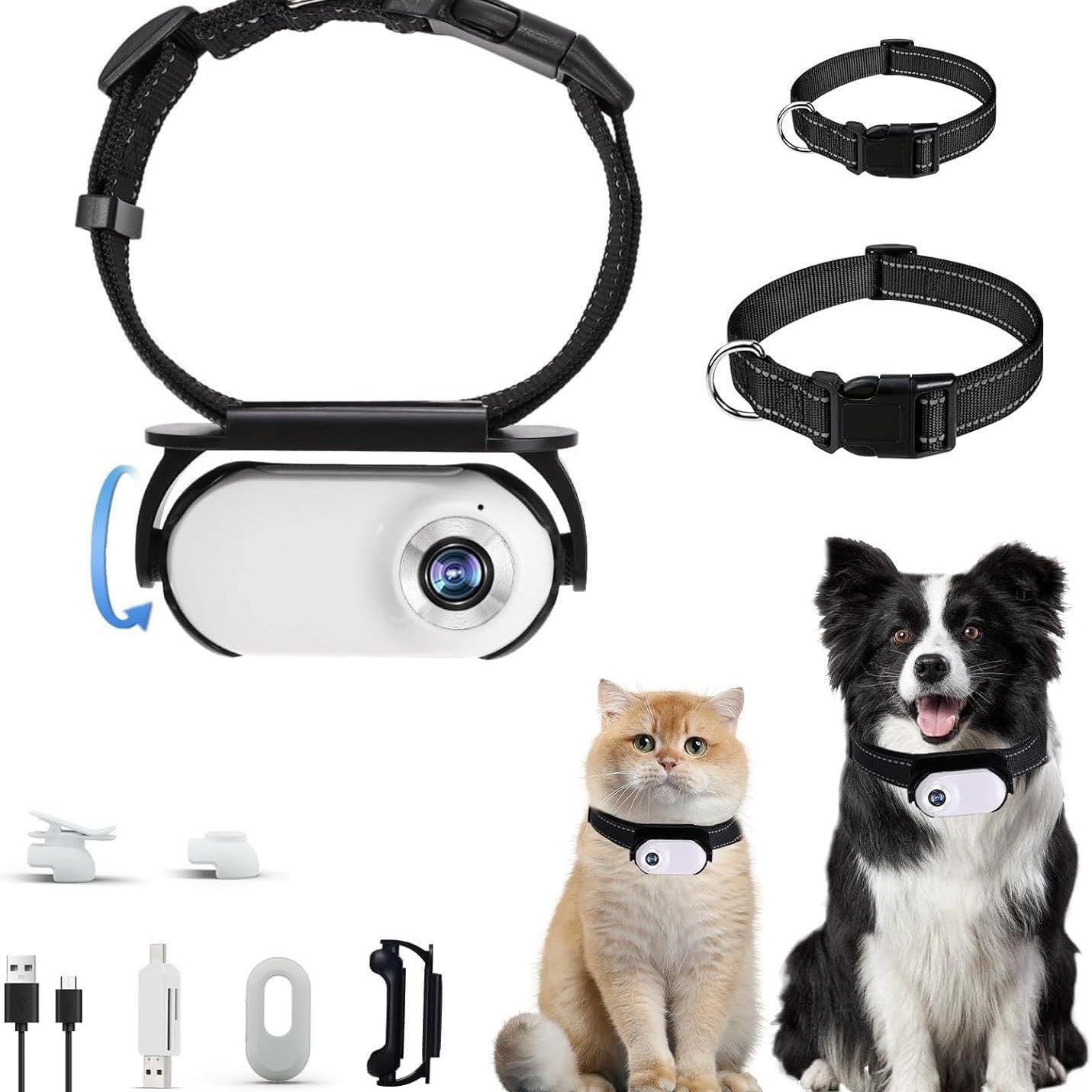 Caméra Mini HD pour animaux avec collier, accessoires, et animaux de compagnie à proximité.