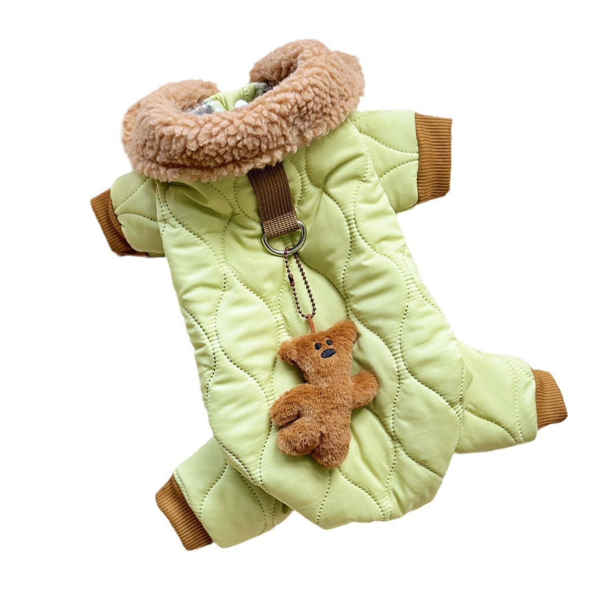 Vêtement pour chiens vert clair en coton, avec jouet ourson suspendu et col en fourrure, style décontracté.