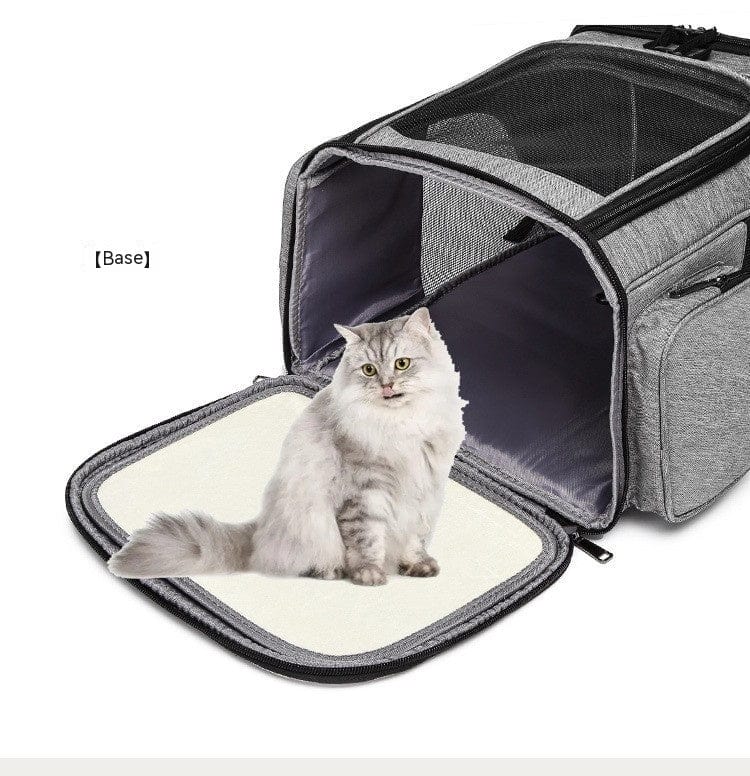 Sac à dos extensible pour animaux avec un chat à l'intérieur, design élégant en gris et noir.