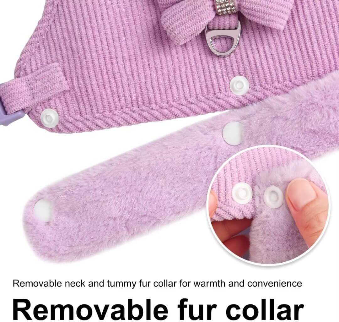 Détail du harnais et laisse pour chien avec col en fourrure amovible pour confort et chaleur.