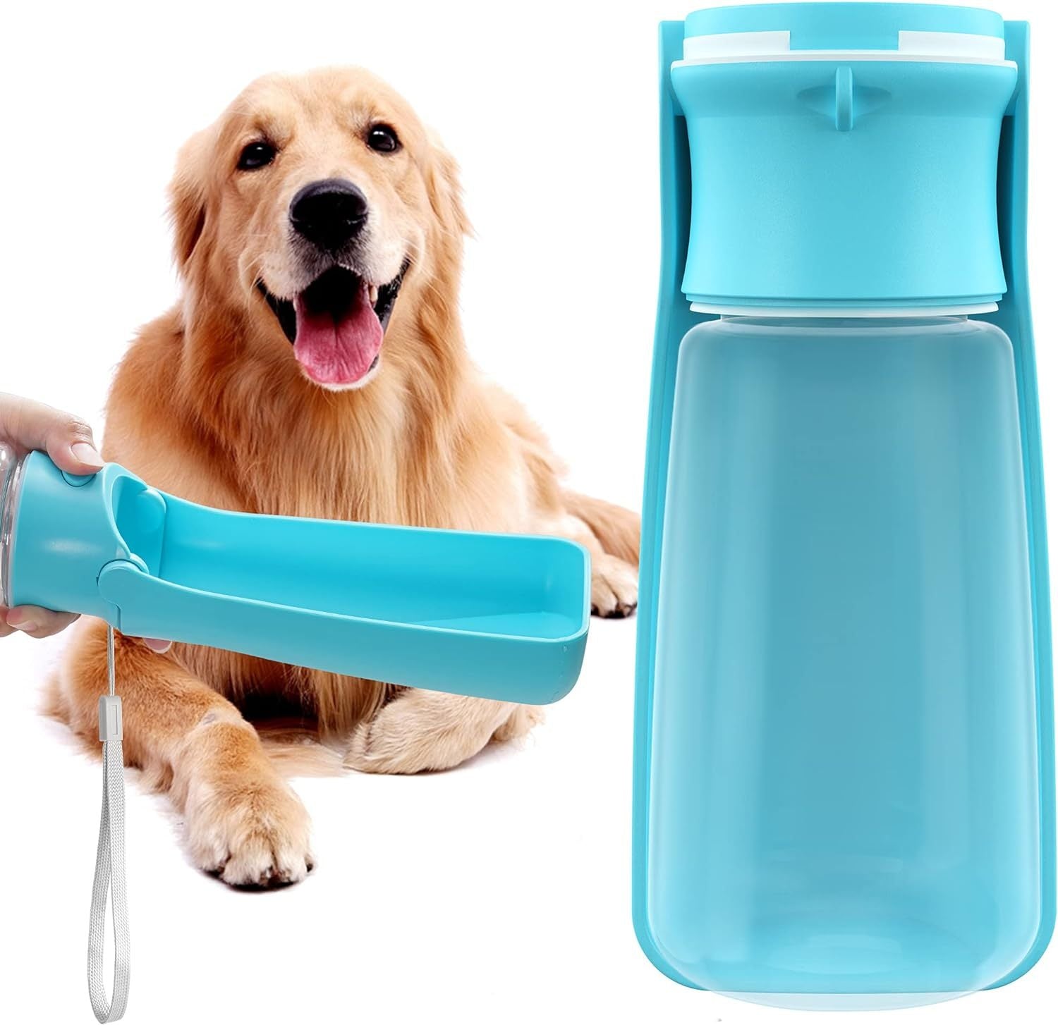 Bouteille d'eau portable bleue pour chiens avec un chien de grande taille, idéale pour l'hydratation en balade.