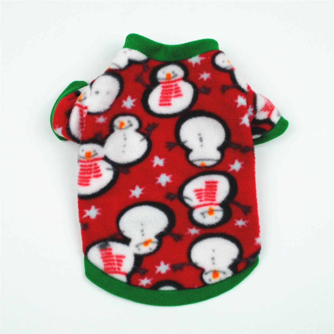 Vêtement de Noël pour chien en polaire rouge avec motifs de bonhommes de neige et col vert, idéal pour l'hiver.