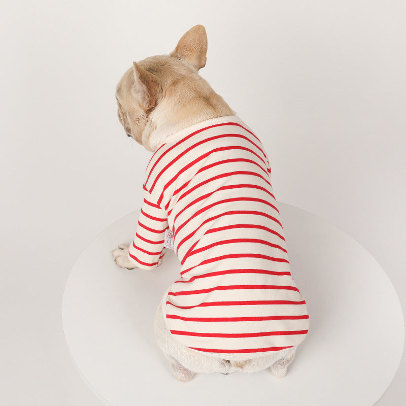 Chien en chemise V-Neck rayée en coton, vue arrière, sur une table blanche.