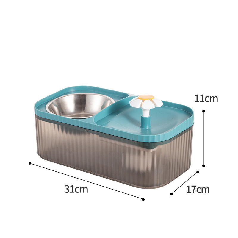 Distributeur automatique d'alimentation pour animaux avec deux compartiments en acier inoxydable.