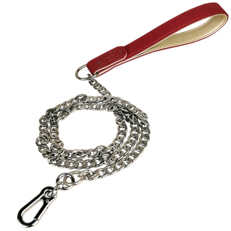 Laisse pour chien en acier inoxydable avec poignée en cuir rouge, robuste et durable.