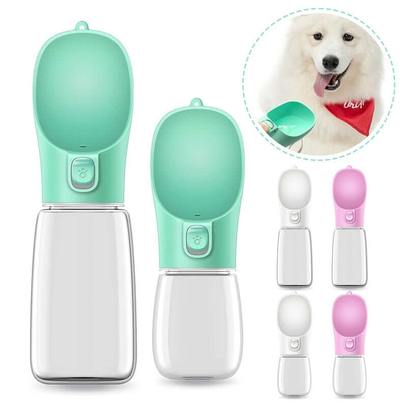 Gobelet portable pour animaux de compagnie en vert et rose, accessoire pratique pour l'hydratation des chiens et chats.