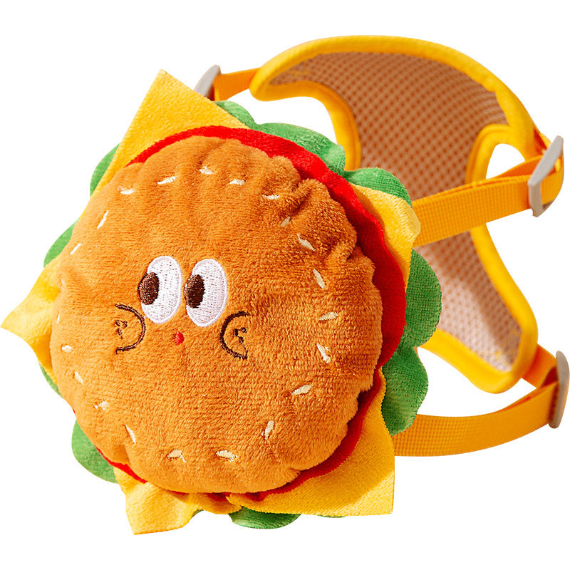 Sac à dos pour chien en forme de burger avec yeux, parfait pour promenades et style adorable.