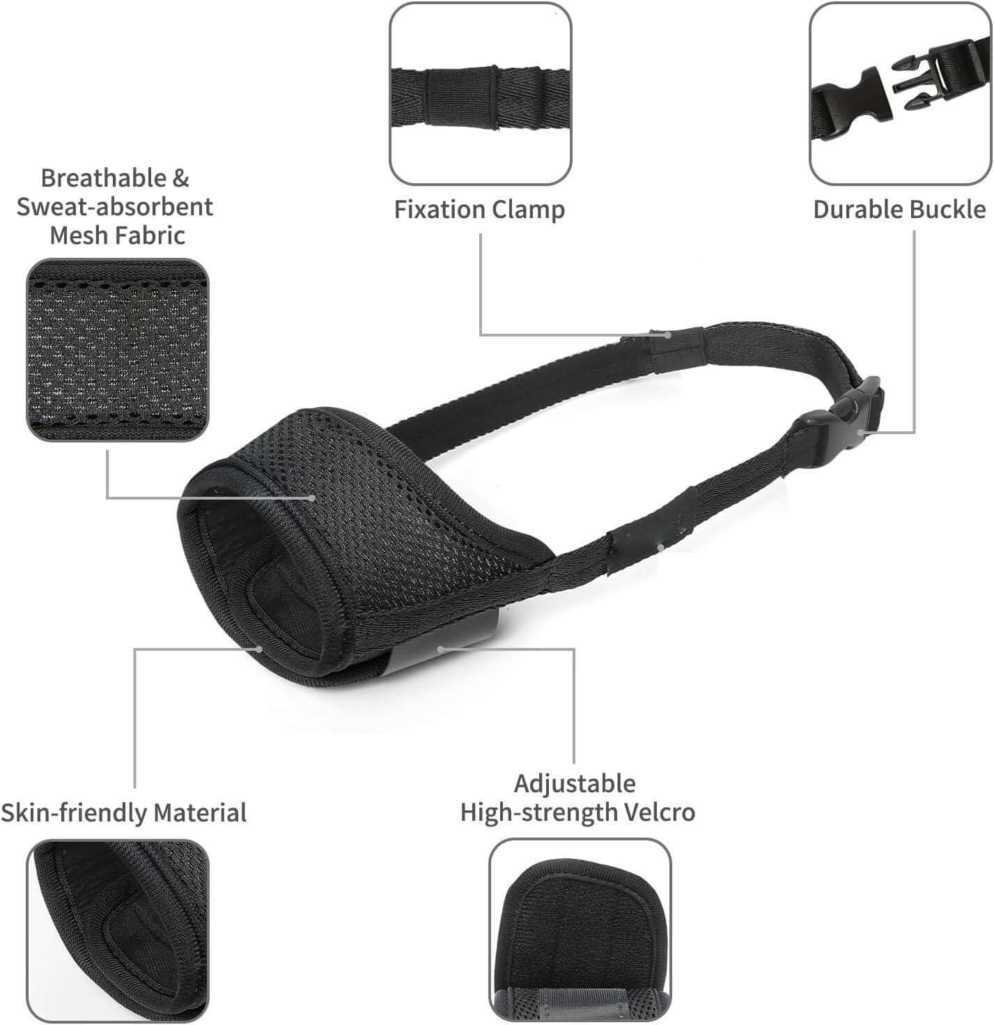 Muselière Mesh pour chiens, fabriquée en tissu respirant et absorbant, avec velcro ajustable et boucle durable.