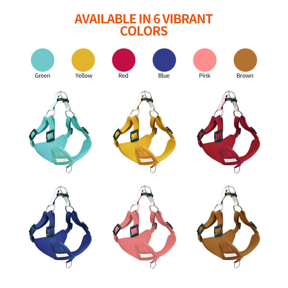 Gilet chien avec harnais disponible en 6 couleurs vibrantes : vert, jaune, rouge, bleu, rose, marron.