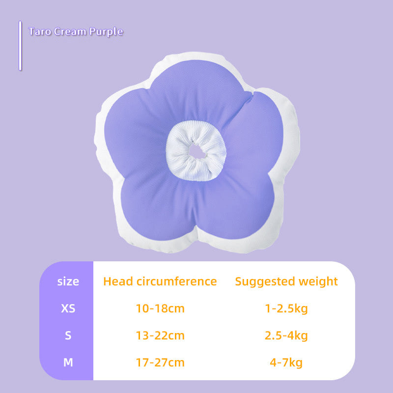 Flower-shaped pet cushion in purple with size and weight guide for pets.