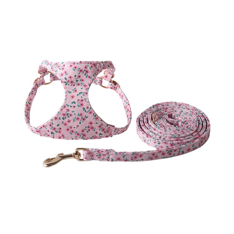 Harnais floral élégant pour animaux avec laisse assortie, en coton écologique, couleurs chic, design confortable.