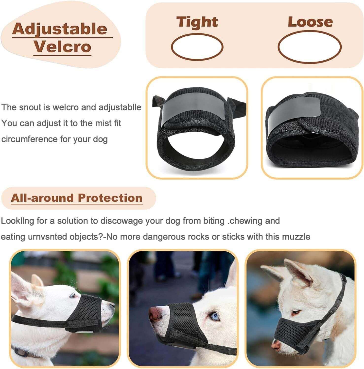 Muselière Mesh pour chiens avec velcro ajustable, offrant protection contre les morsures et sécurité améliorée.