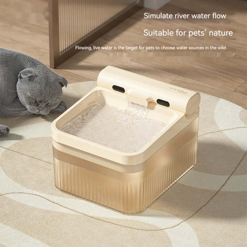 Distributeur d'eau intelligent pour animaux, simulant un flux d'eau de rivière, adapté au bien-être des chats et chiens.