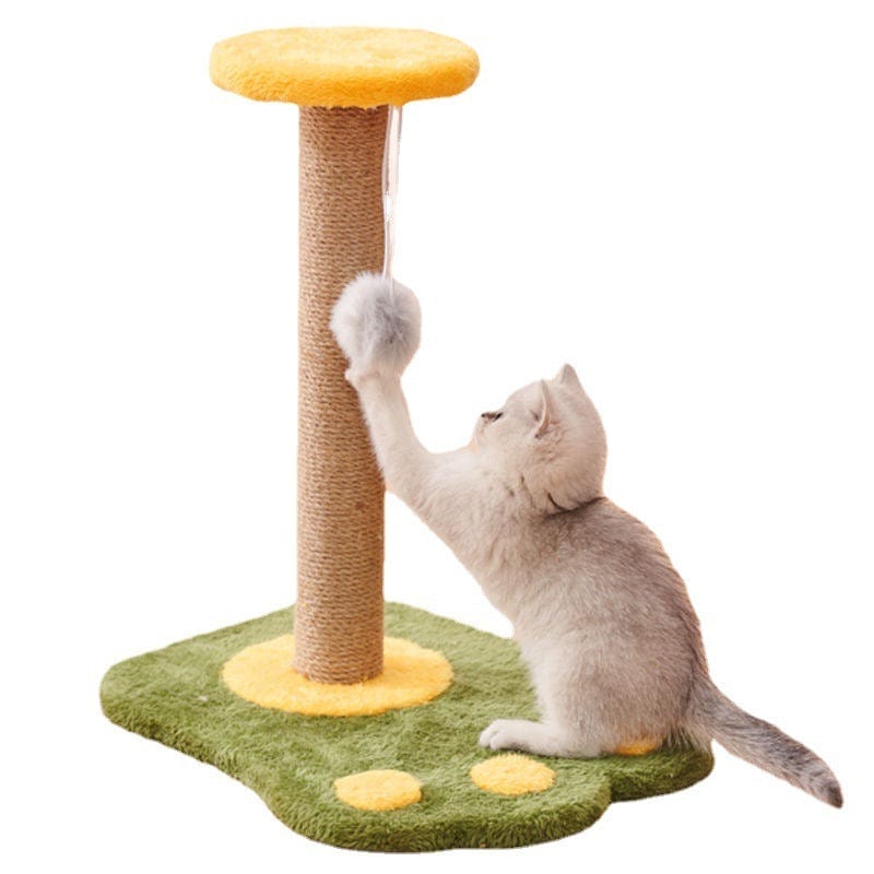 Griffoir vertical en sisal durable pour chats, style ludique avec jouet interactif.