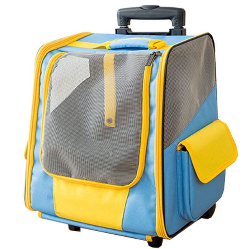 Sac à dos trolley portable bleu et jaune pour transporter un chat, avec fenêtre en mesh et roulettes.