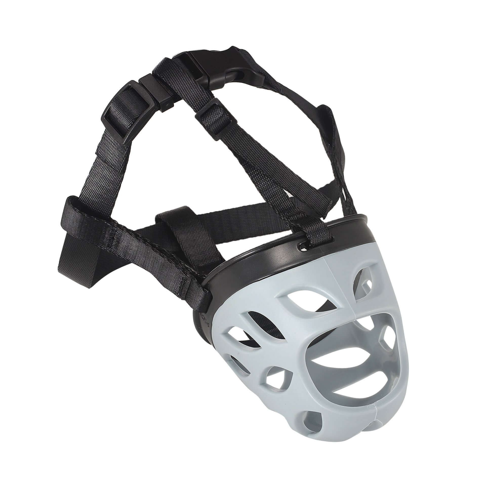Muselière pour chien anti-morsure et anti-aboiement en gris, accessoire essentiel pour animaux.