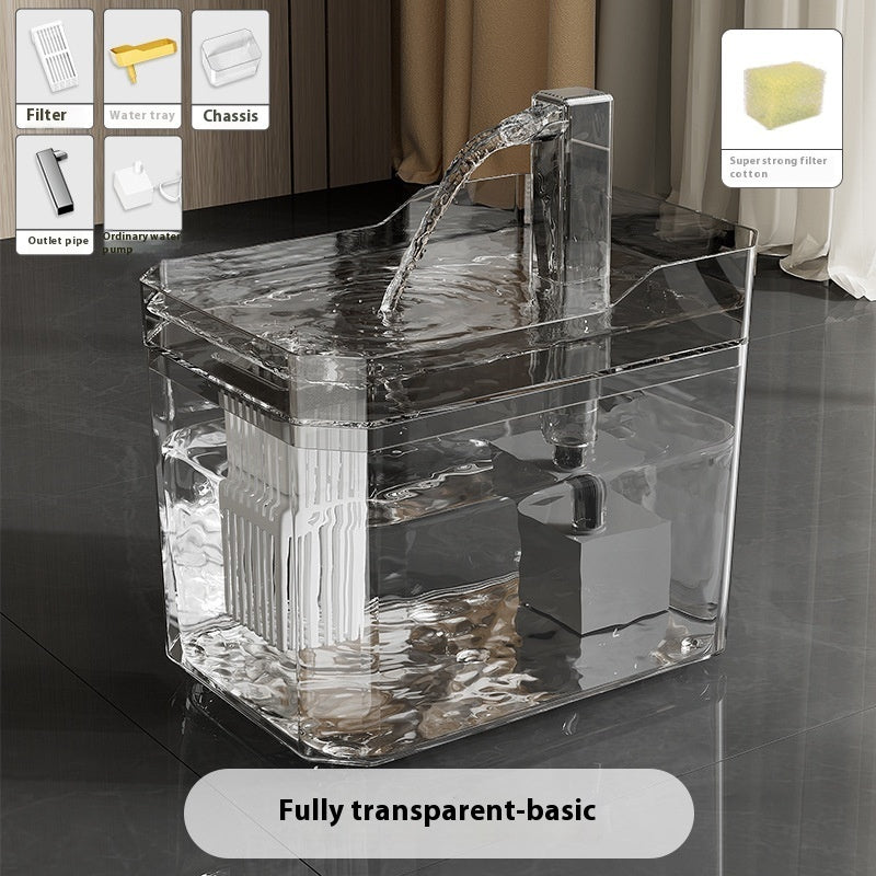 Fontaine à eau automatique transparente pour chats avec filtre, fournissant eau fraîche et filtrée, design moderne.