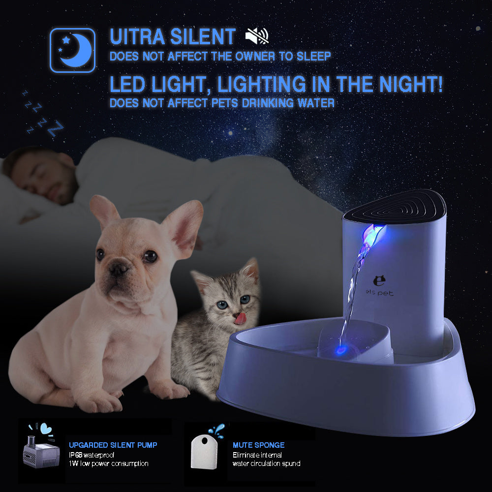 Distributeur d'eau électrique ultra silencieux avec LED, idéal pour animaux de compagnie, ne dérange pas leur sommeil.