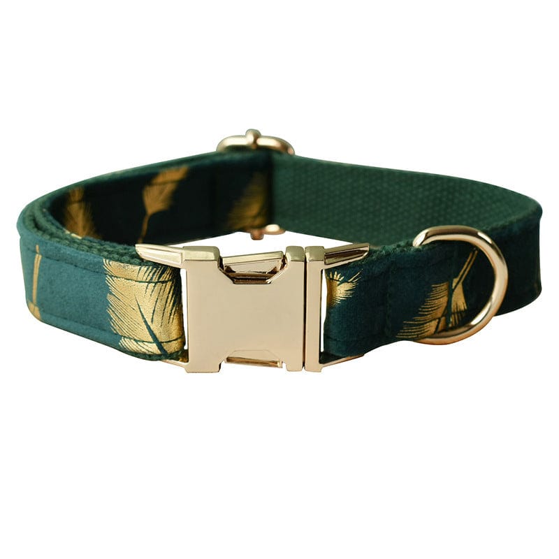 Collier pour chien en coton émeraude avec motif plume et boucle dorée, style élégant et confortable.