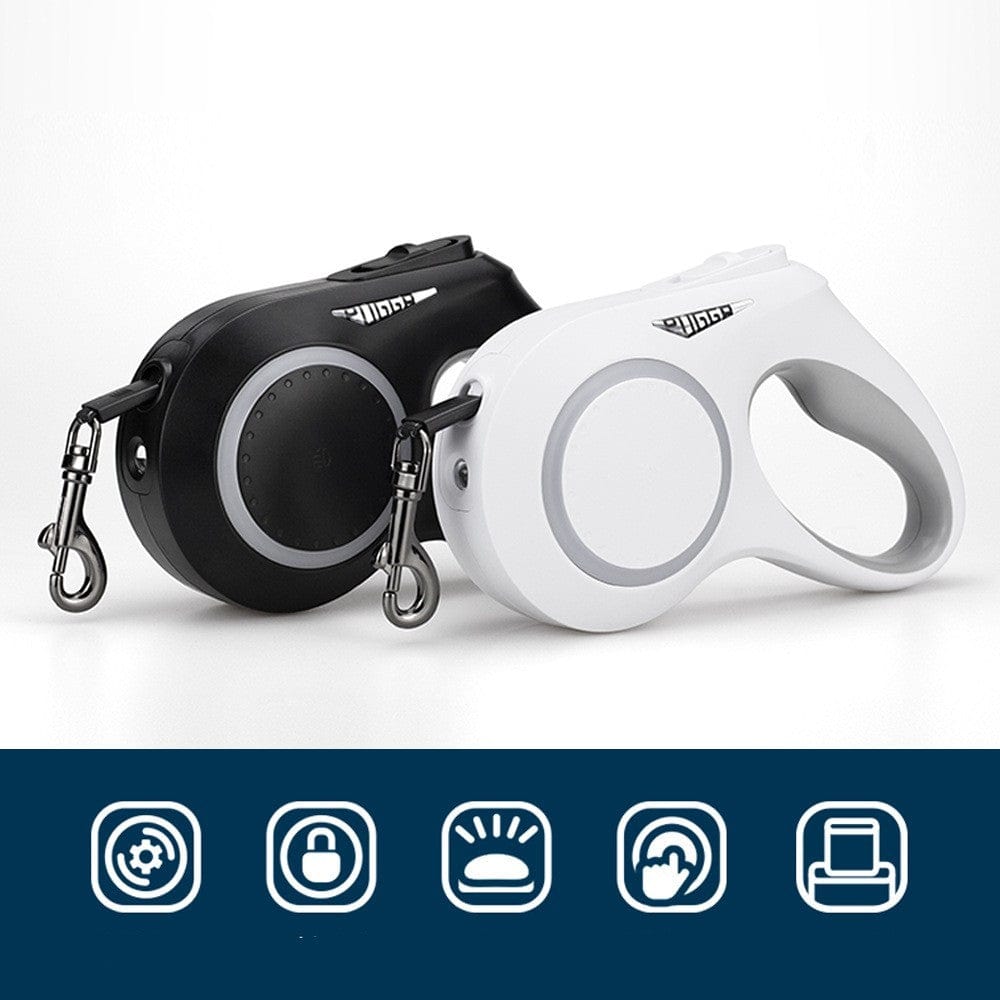 Laisse télescopique automatique pour animaux en noir et blanc, idéale pour les promenades nocturnes et le contrôle des animaux.