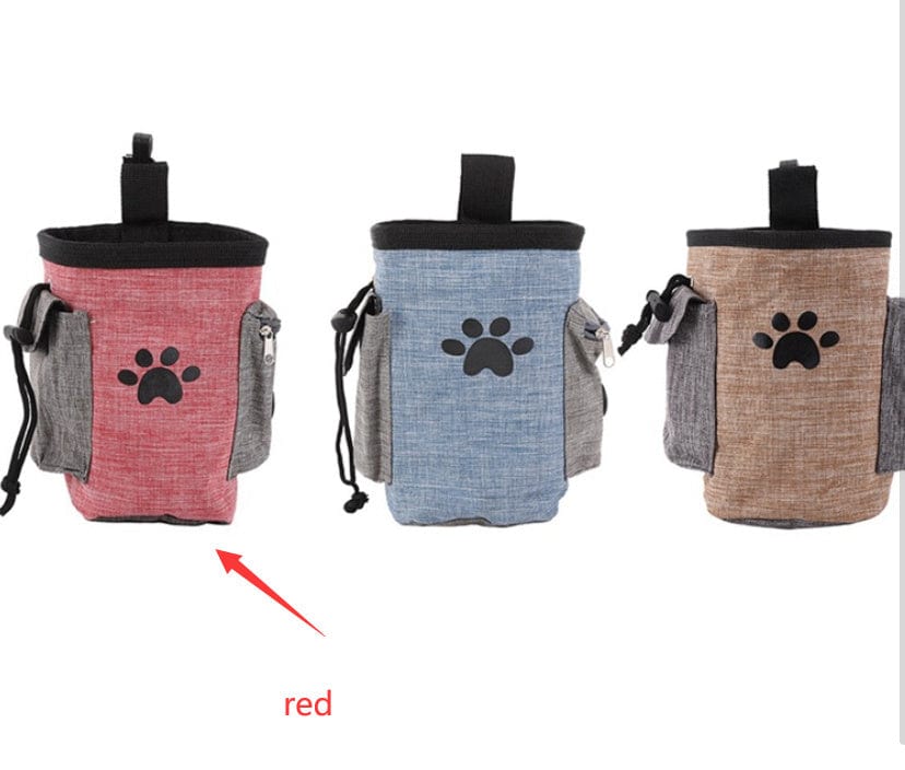 Sac à nourriture pour chien en tissu Oxford disponible en rouge, bleu et brun avec imprimé patte.
