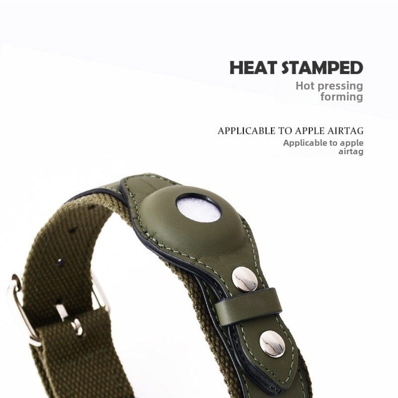 Collier pour chien en toile verte avec support pour Apple Airtag, design durable et élégant.