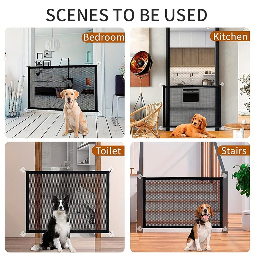 Clôture pour chien pliable en différentes scènes d'utilisation : chambre, cuisine, toilettes et escaliers.