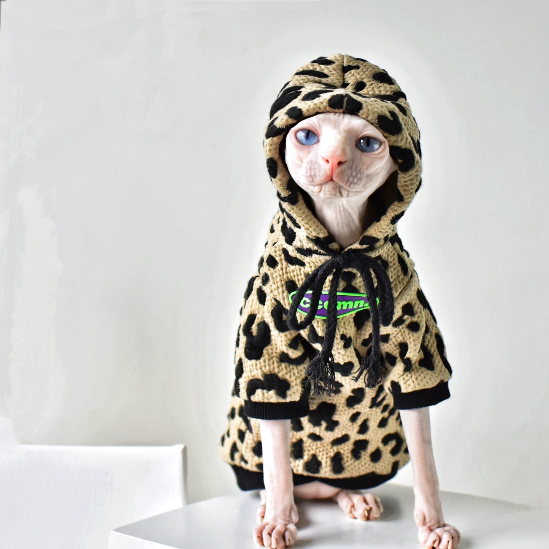 Pull camouflage en coton pour chat Sphynx, style décontracté avec capuche et motif léopard.