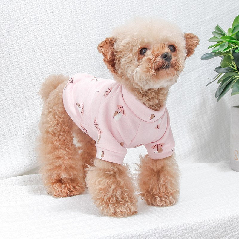Petit chien en pull rose avec motifs, parfait pour l'automne et l'hiver, offrant chaleur et confort.