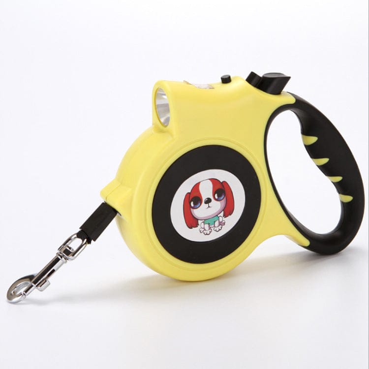 Laisse automatique lumineuse jaune pour chien avec sangle en corde, idéale pour promenades nocturnes.