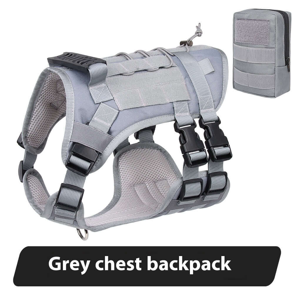 Grey chest backpack for dogs, designed for comfort and adventure, with adjustable straps and durable material.