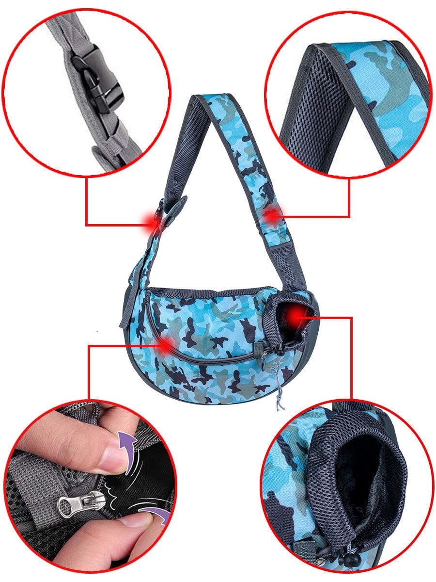 Sac à bandoulière pour chiots ultra-léger et respirant, avec détails sur la sangle et la fermeture.