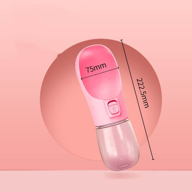 Bouteille d'eau portable pour chien de couleur rose, dimensions indiquées, idéale pour les voyages avec animaux.