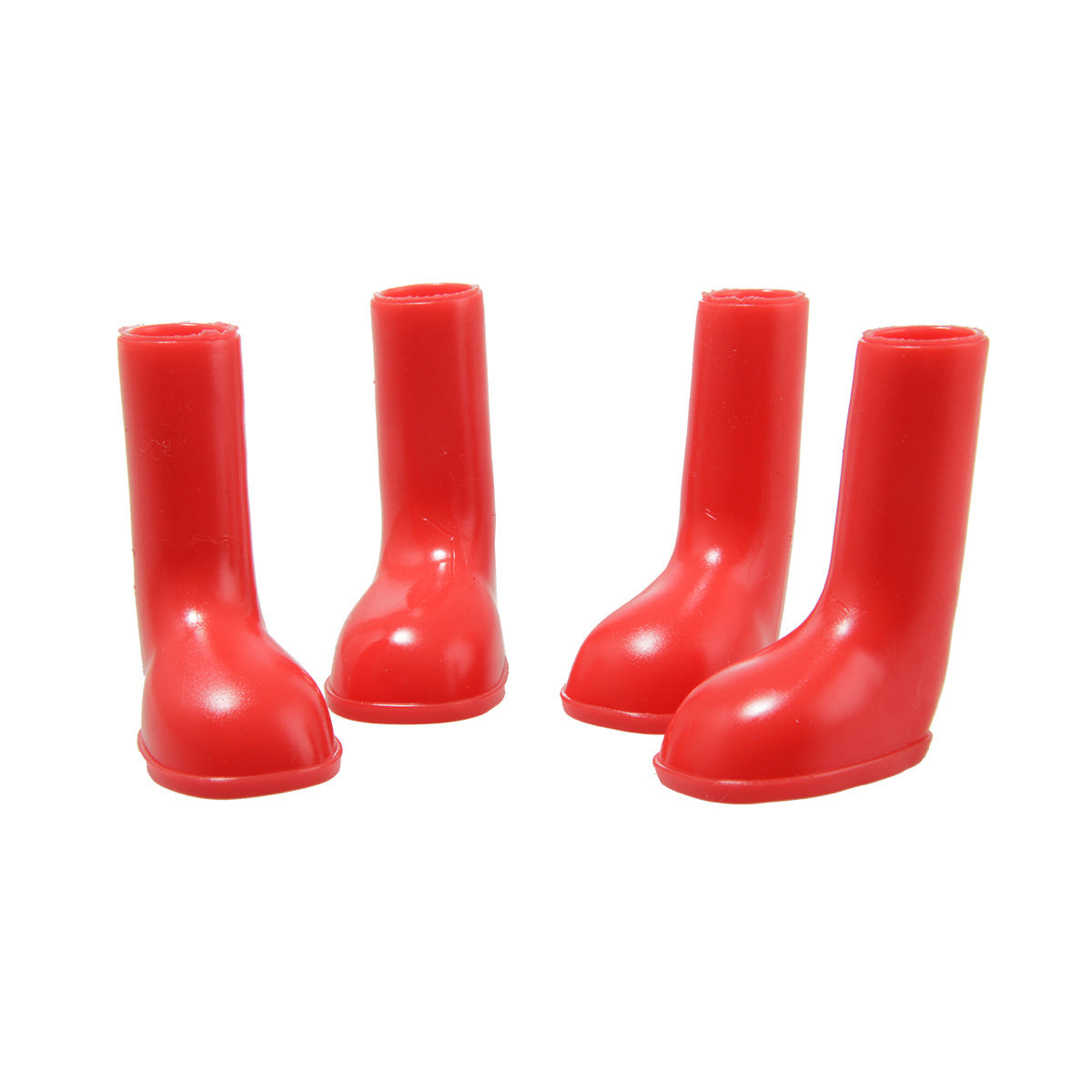 Chaussures de pluie imperméables pour animaux en rouge, idéales pour protéger les pattes lors de journées pluvieuses.