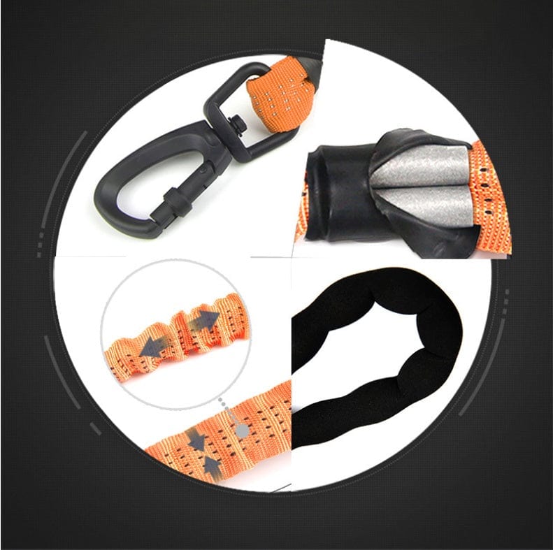 Corde de traction élastique pour chien, détails du clip, tissu et design en couleur orange.