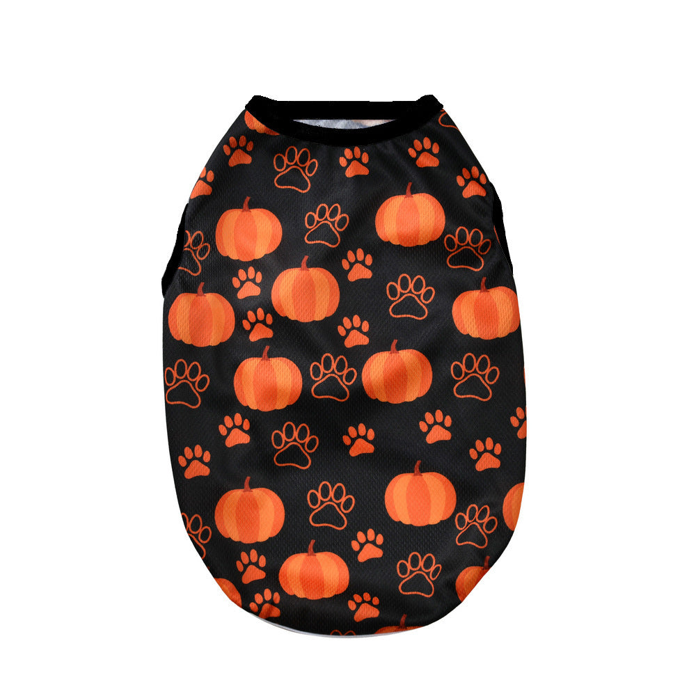 Costume d'Halloween pour animaux avec motifs de citrouilles et empreintes, en polyester, idéal pour chiens et chats.