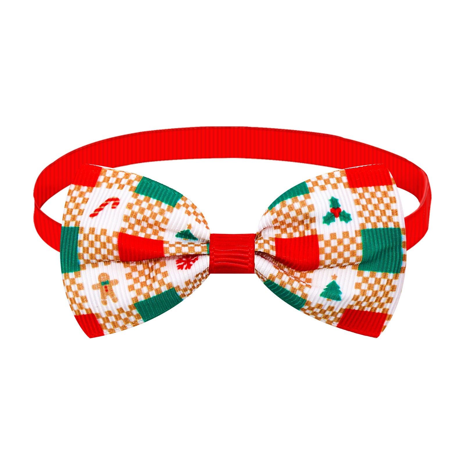 Nœud papillon à rayures plaid de Noël pour chien et chat, multicolore avec motifs festifs.