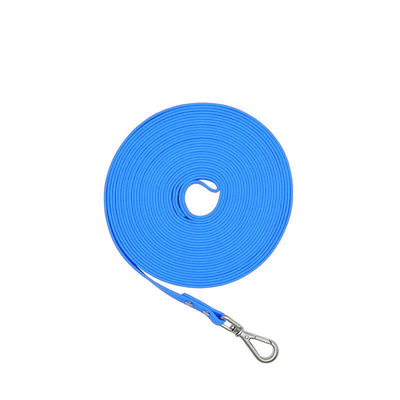 Laisse étanche en PVC bleue pour chiens, idéale pour promenades et aventures en plein air.