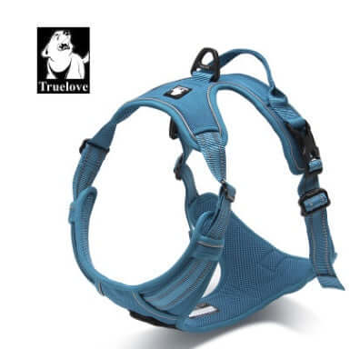Harnais Truelove pour chiens en nylon bleu, rembourré et réfléchissant pour la sécurité.