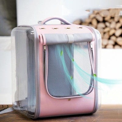 Sac à dos portable pour chat en polyester, couleur rose clair, avec ventilation et design pratique.